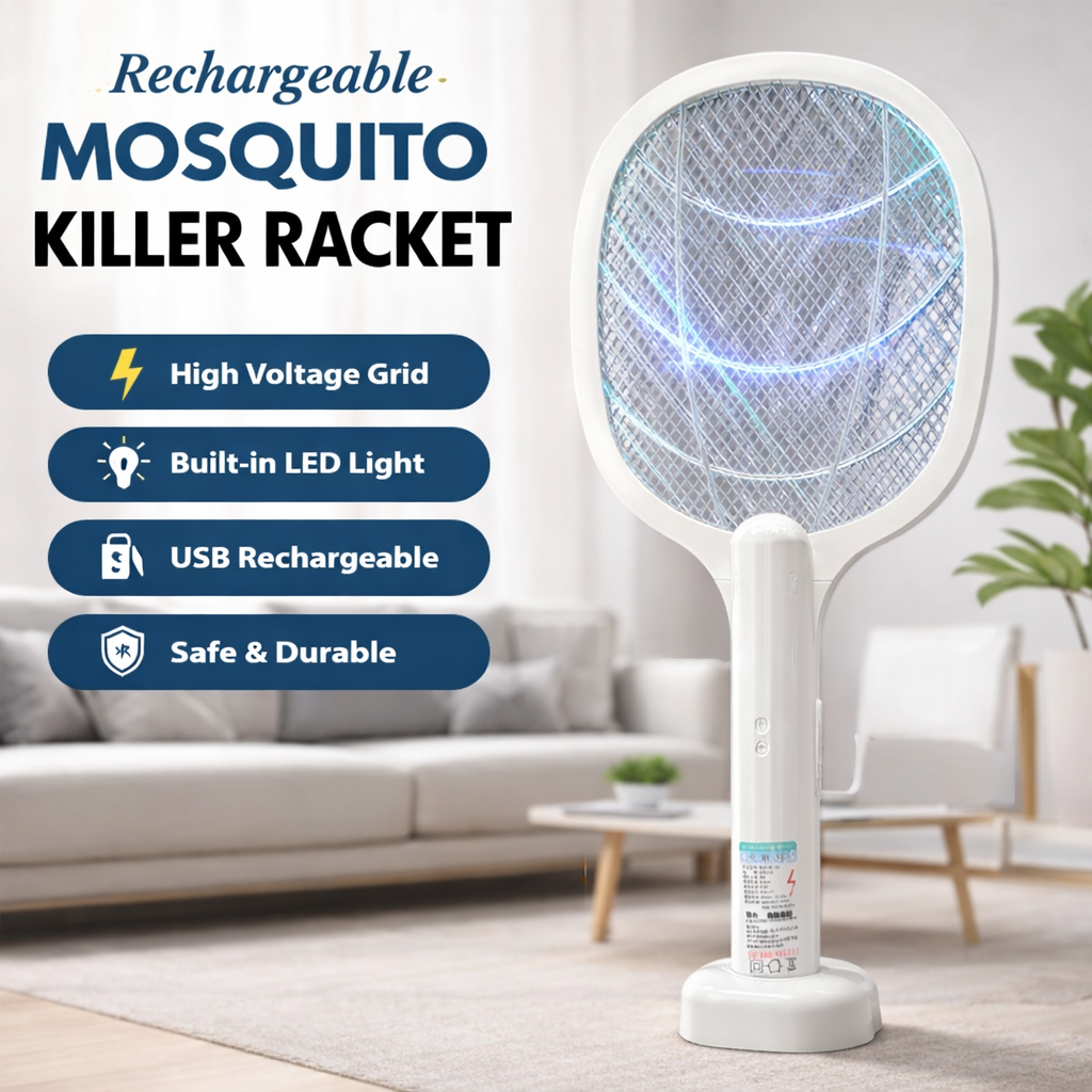 Rechargeable Mosquito Racket with Stand – Electric Insect Killer Bat (Random Color)