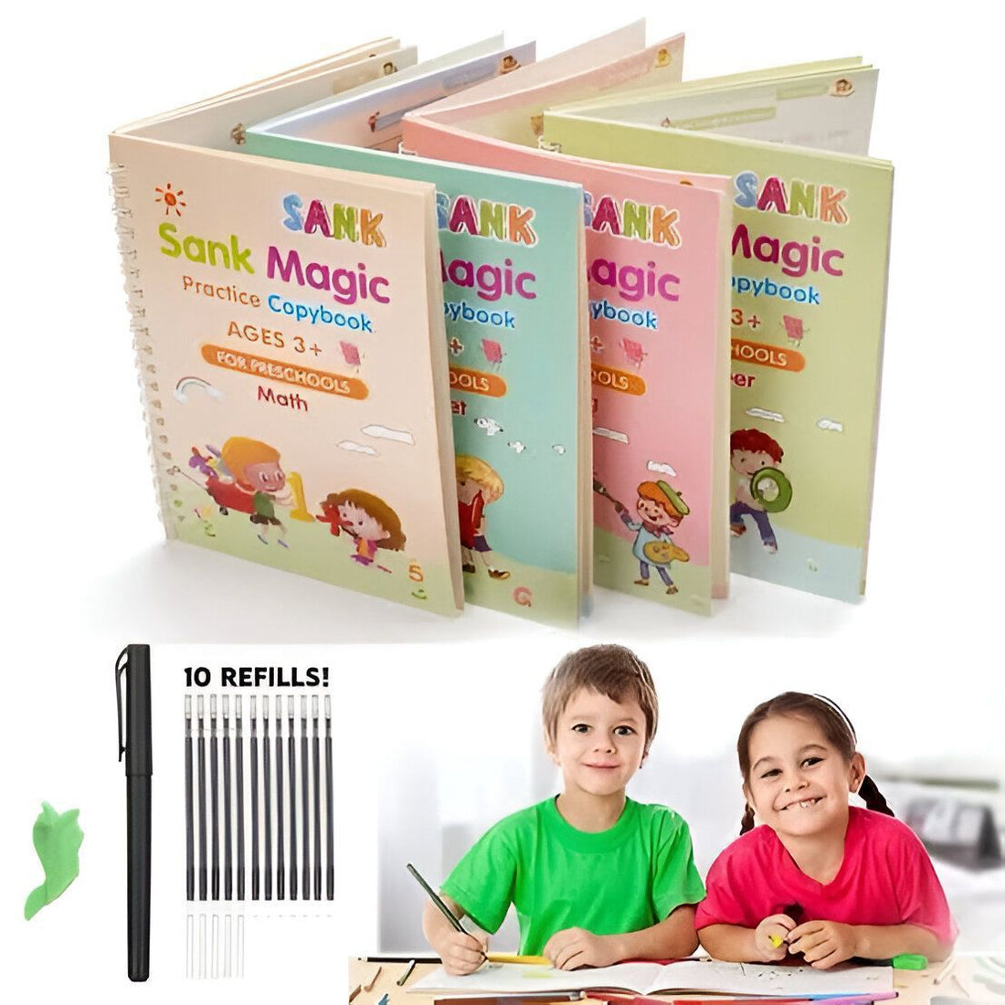 Sank Magic Book Set | Reusable Handwriting Practice for Kids (4 Books + Magic Pen)