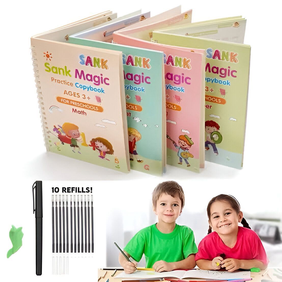 Sank Magic Book Set | Reusable Handwriting Practice for Kids (4 Books + Magic Pen)