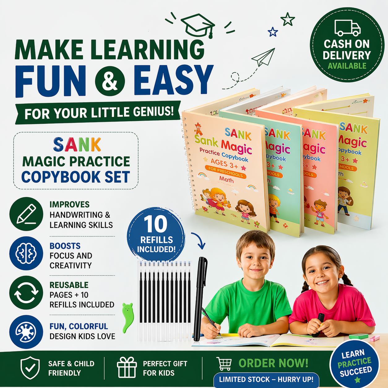 Sank Magic Book Set | Reusable Handwriting Practice for Kids (4 Books + Magic Pen)