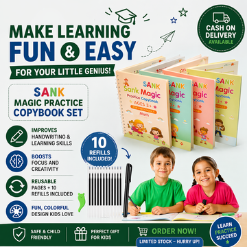 Sank Magic Book Set | Reusable Handwriting Practice for Kids (4 Books + Magic Pen)